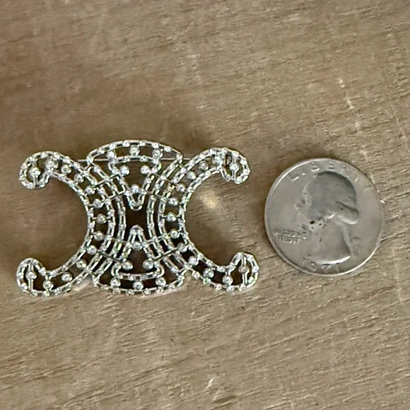 Silver Tone Rhinestone Scroll Monogram Brooch Pin - Picture 2 of 5